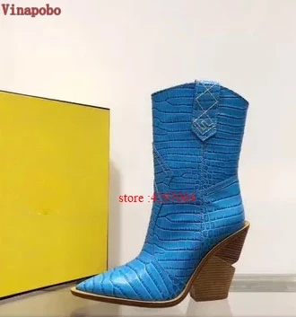 Fashion Cowboy Ankle Boots Women Shoes Pu Leather Wedge Chunky High Heel Boots Snake Print Western Cowgirl Boots Black PINK - Цвет: as the picture