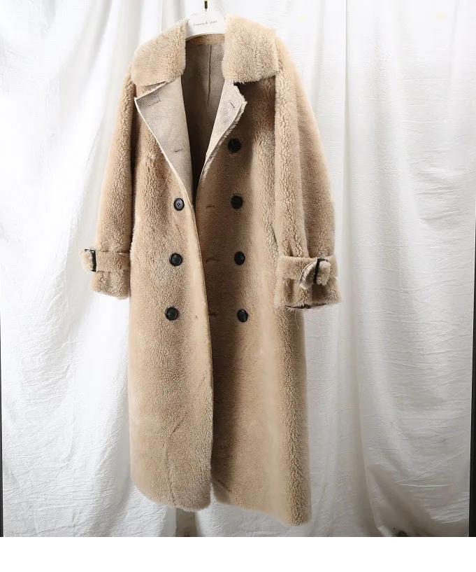 OFTBUY winter coat women windbreakers natural wool lamb fur sheepskin faux leather long trench coat Double-breast jacket