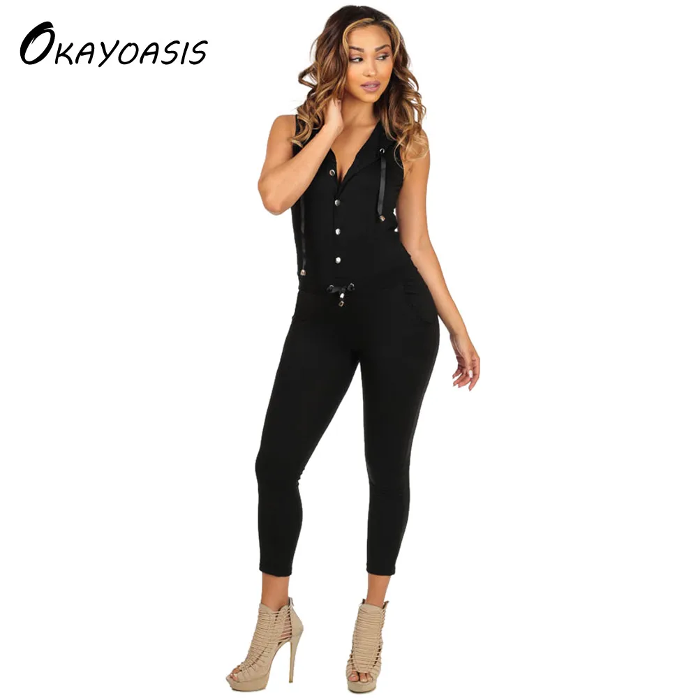 

OKAYOASIS Free Shipping Summer Fashion Women Playsuit Solid Romper Long Skinny Jumpsuit With Hats