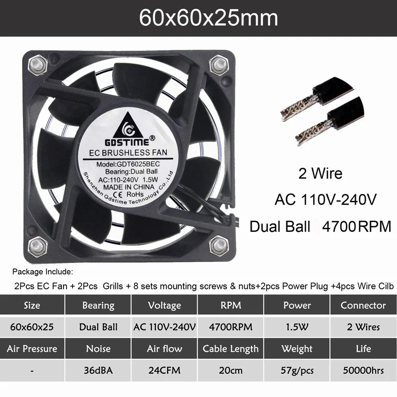 2pcs 6025 Dual Ball 2 шт Gdstime EC бесщеточный вентилятор осевой вентилятор 60 мм 80 мм 90 мм 120 мм PC Cooler AC 110 в 115 в 120 в 220 в 230 в 240 В в EC вентилятор чехол для компьютера - Цвет лезвия: 2pcs 6025 Dual Ball
