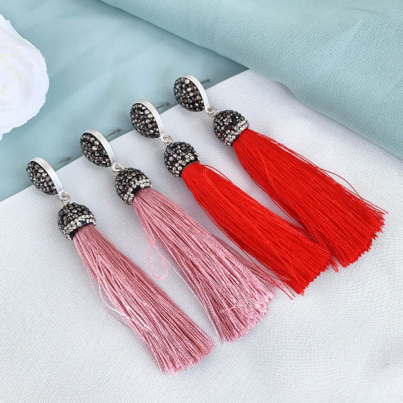 

Handmade 13 Colors Long Tassel Earrings Bohemian Vintage Black Red Pink White Blue Silk Crystal stud Earrings For Women Jewelry