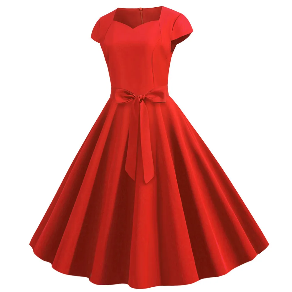 Однотонное летнее женское винтажное платье Pinup с коротким рукавом, элегантные офисные женские вечерние платья в стиле рокабилли, трапециевидные повседневные платья