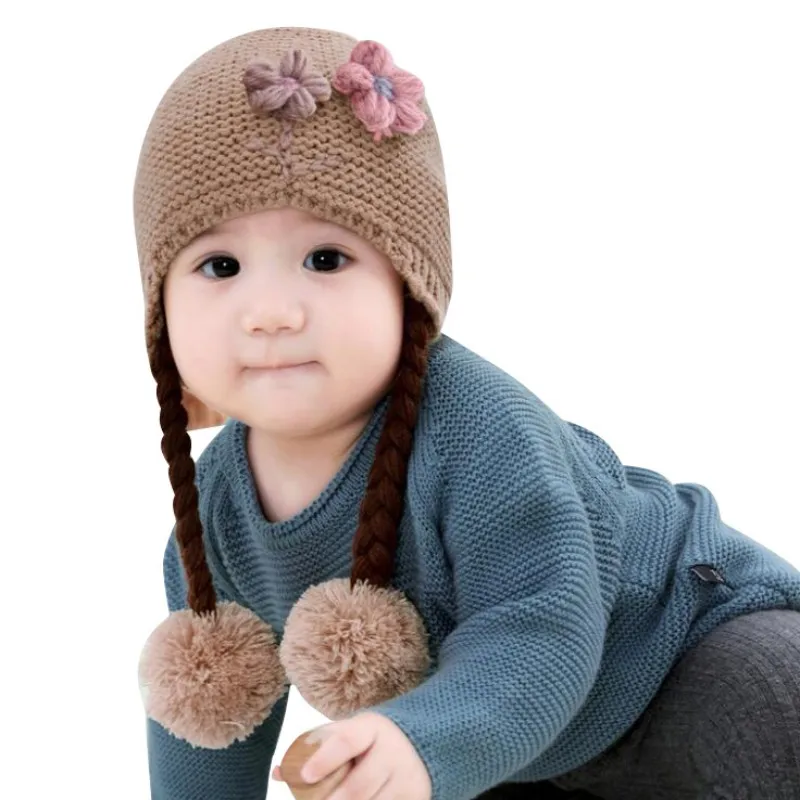 Коричневый Newborn Baby Toddler Knit Hat Flower Baby Cap Infant Girls Bonnet Cute Hats Soft Cotton Newborn Baby Photo Props 6-24M - Цвет: Коричневый