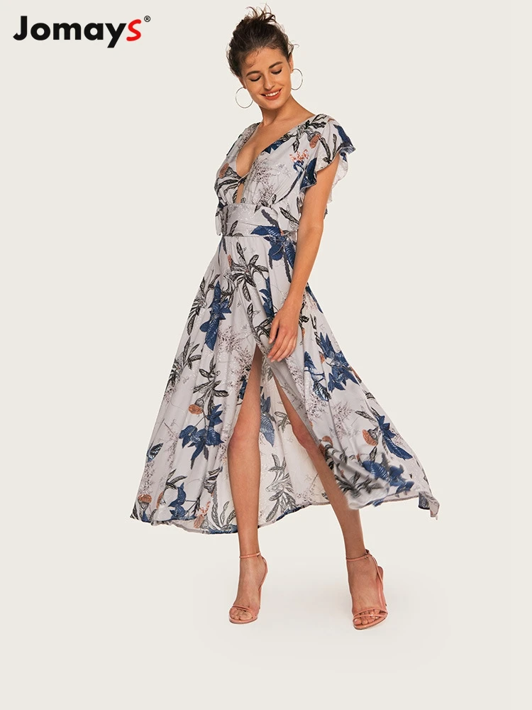 Женское длинное платье с цветочным принтом и глубоким V образным вырезом|Женские