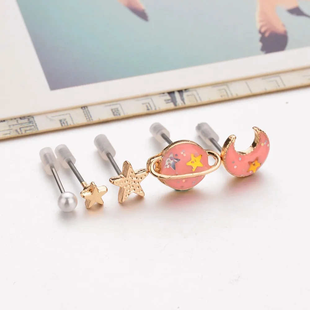 BIG J.W Minimalist Blue Star and Moon Stud Earrings Cute Delicate Yellow Jupiter Earth Personalized 5 Set | Украшения и