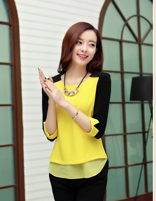 New 2015 Spring Summer Fashion Sweet O-Neck Splice big size chiffon blouse women |