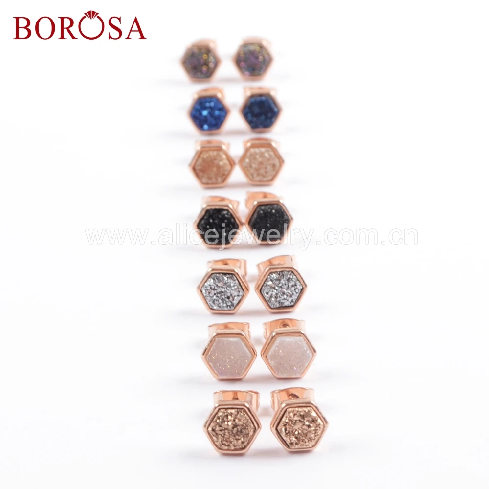 Шестигранные серьги гвоздики BOROSA цвета розового золота титановые радужные друзы