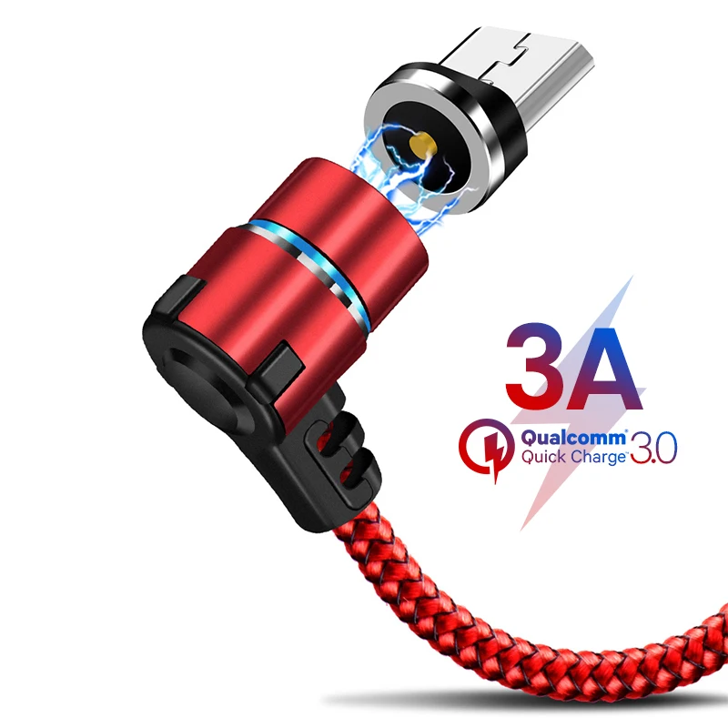 Магнитный зарядный кабель 3 А светодиодный 90 градусов для iPhone XS Max 8 7 6 Plus samsung S10 S9 S8