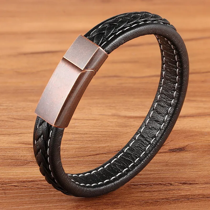 Black-rose gold TYO итальянский минималистский дизайн из нержавеющей стали матовая Магнитная застежка Высокое качество плетеный браслет из натуральной кожи мужские ювелирные изделия в стиле рок и панк - Окраска металла: Black-rose gold
