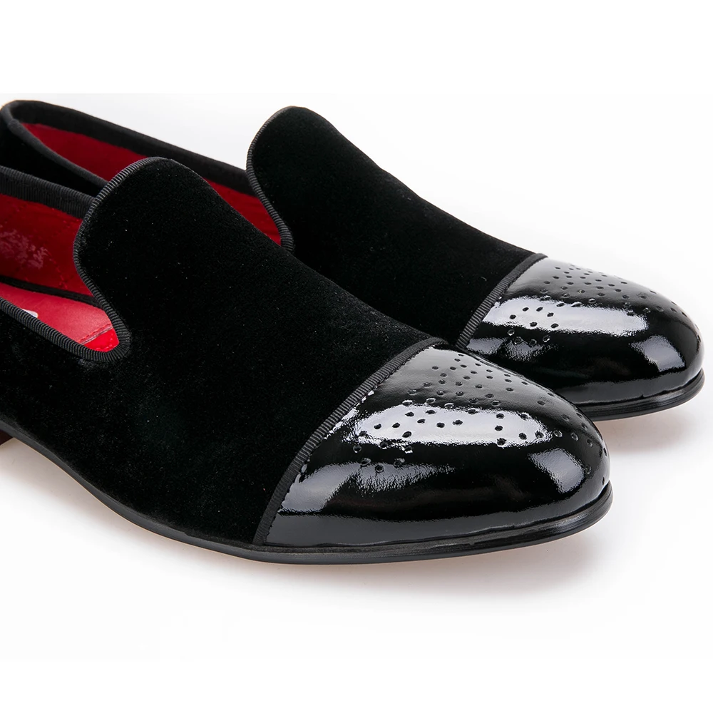 new style Patent leather toe with Bullock punch Handmade men velvet shoes wedding and party loafers men's flats | Обувь