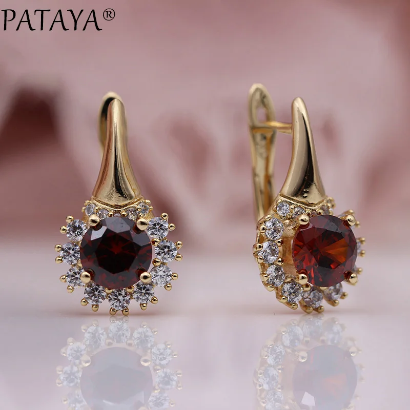 Pomegranate Red PATAYA, новые круглые темно-синие свадебные висячие серьги, женские милые вечерние серьги с цветами, модные ювелирные изделия, 585 розовое золото, серьги с натуральным цирконием - Окраска металла: Pomegranate Red