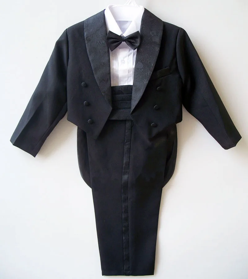 

100% Real Photo Baby Boy Formal Blazer Prom Wedding Suits Black/White Jacket+Shirt+Pant+Girdle+Bow Tie 5pcs Sets Kid Clothes