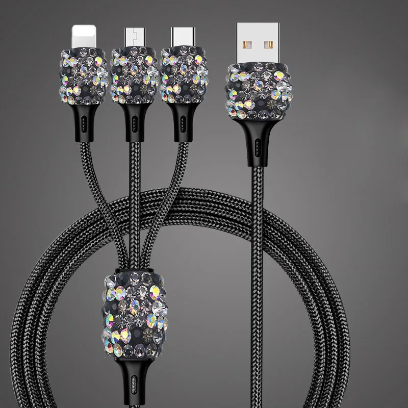 Black Модный женский бриллиантовый кристалл 3 в 1 USB кабель для зарядки iPhone зарядное устройство Micro USB кабель для передачи данных мобильный телефон type-c кабель - Цвет: Black