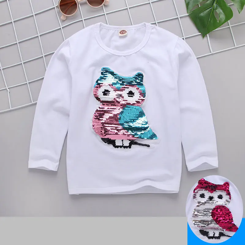 Owl White Футболка для девочек; Детские футболки с пайетками и рисунком кота; сезон весна-осень; рубашки для смены цветов; футболка; Enfant Garcon; детская одежда - Цвет: Owl White