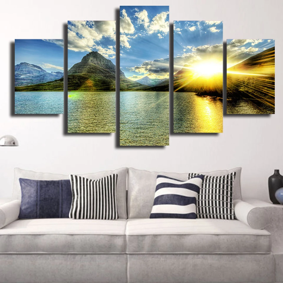 

HD Posters Wall Art Modern Pictures Sunrise Mountain Landscape Printed Painting Home Decoration 5 Panel Living Room Decor