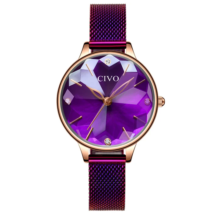mesh purple 8065 CIVO модные женские часы Топ бренд класса люкс алмаз женская одежда часы для женщин фиолетовый стальной сетчатый ремешок наручные часы - Цвет: mesh purple 8065