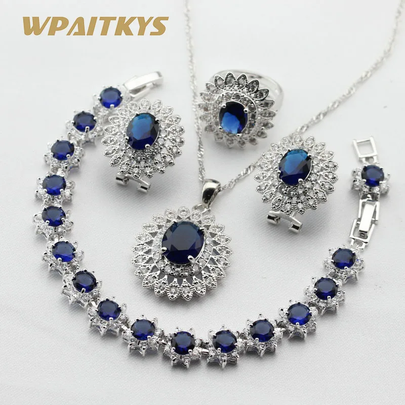 

Women 925 Silver Jewelry Sets Dark Blue Sapphire White Zircon Necklace Pendant Bracelets Earrings Rings Free Gift Box