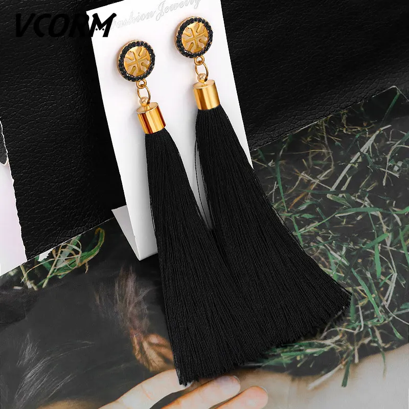 Black 4 VCORM, богемные серьги с кисточками и кристаллами, длинные висячие серьги для женщин, красный хлопок, шелк, ткань, бахрома, серьги, Модные женские ювелирные изделия - Окраска металла: Black 4