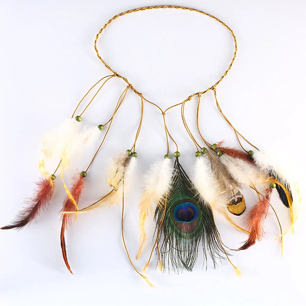 Женская красочная Бохо для волос с перьями хиппи фестиваль цыганское племя бусы