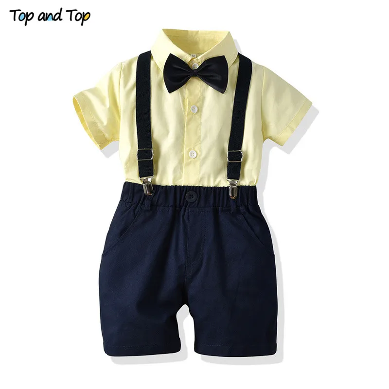 Top and Kids Baby Boys Clothing Set Summer Cotton Children Casual Outfits Short Sleeve Bowtie Shirt Tops+Suspender Shorts |