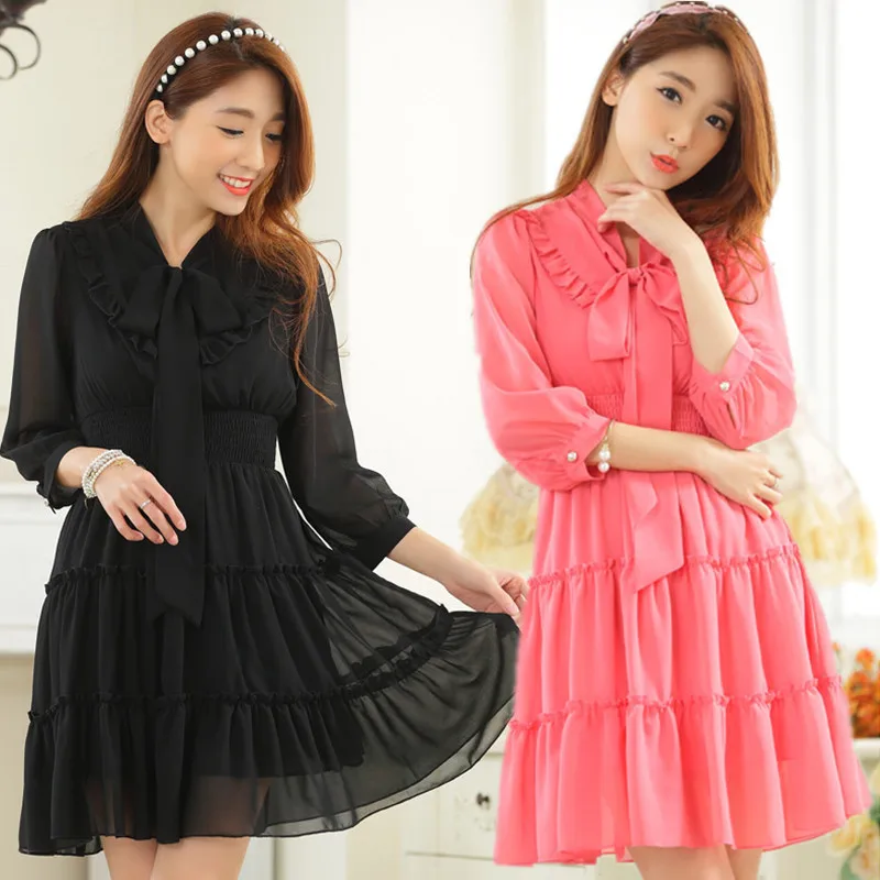F~3XL Brand Plus Size Spring Elegant Bow Elastic Waist Tiered Women Beach Chiffon Pleat Female Casual Short Tunic Dress Vestidos | Женская
