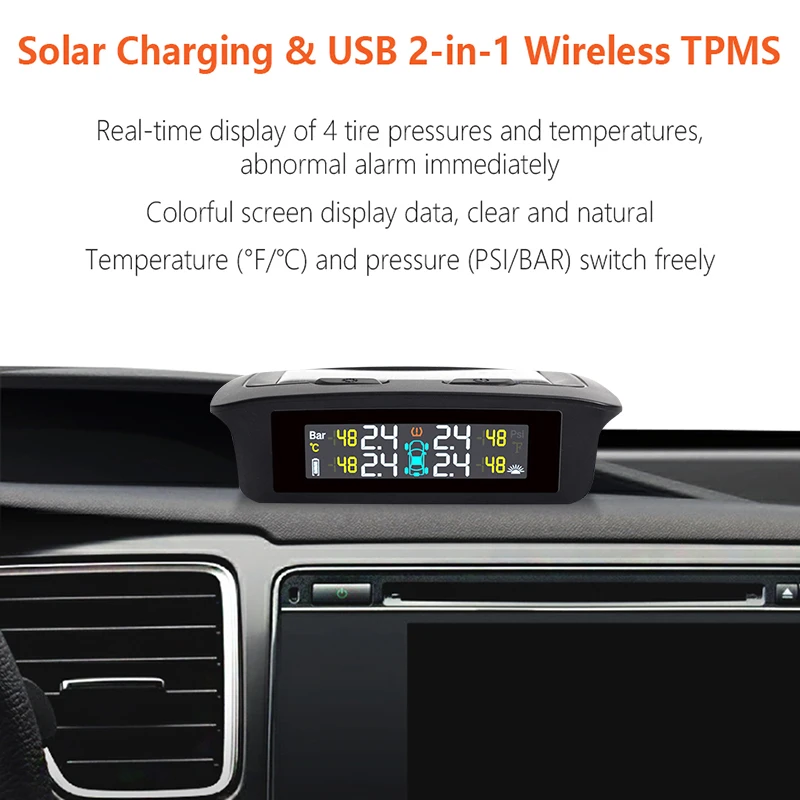 Ancel TPMS солнечная мощность и USB система мониторинга давления в шинах цифровой ЖК