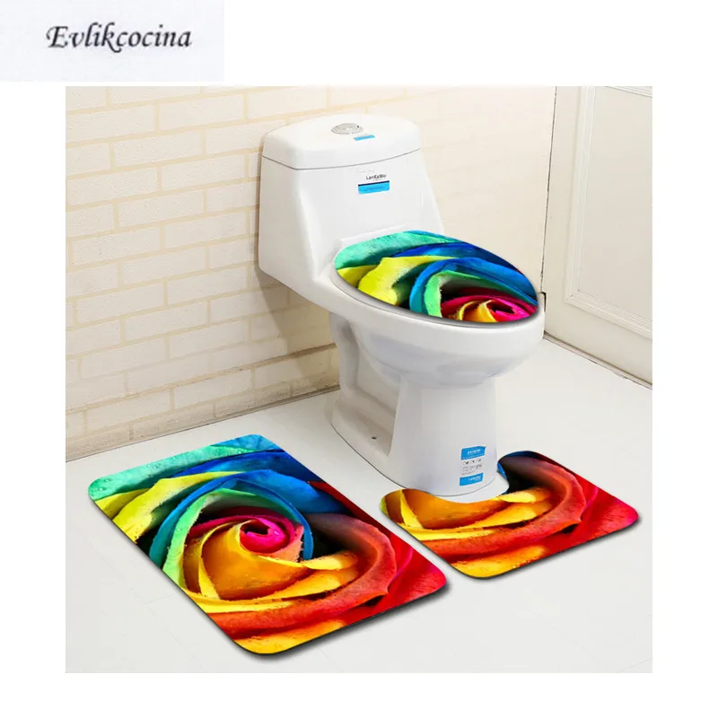 

Free Shipping 3pcs Colored Rose Banyo Bathroom Carpet Toilet U Type Bath Mat Set Non Slip Pad Tapis Salle De Bain Alfombra Bano