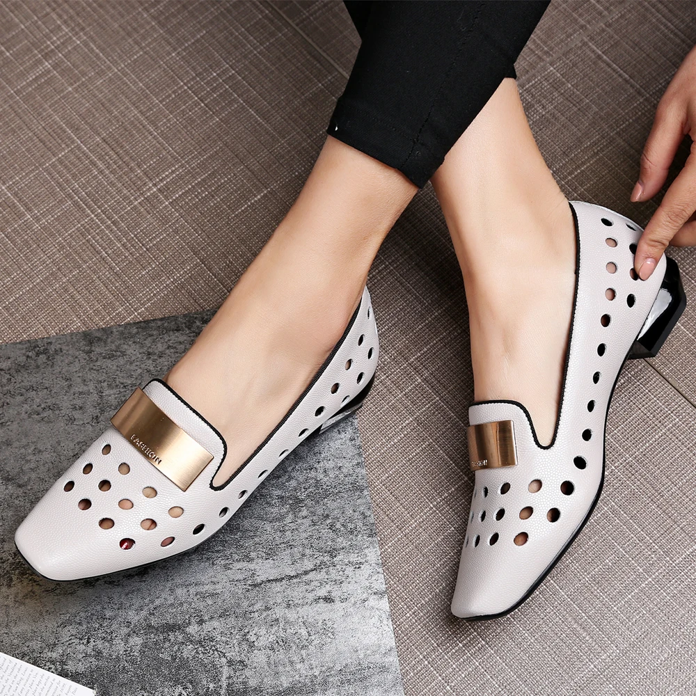 

Meotina High Heels Women Pumps Natural Genuine Leather Cutout Thick Heel Shoes Metal Decoration Square Toe Shoes Female Size 42