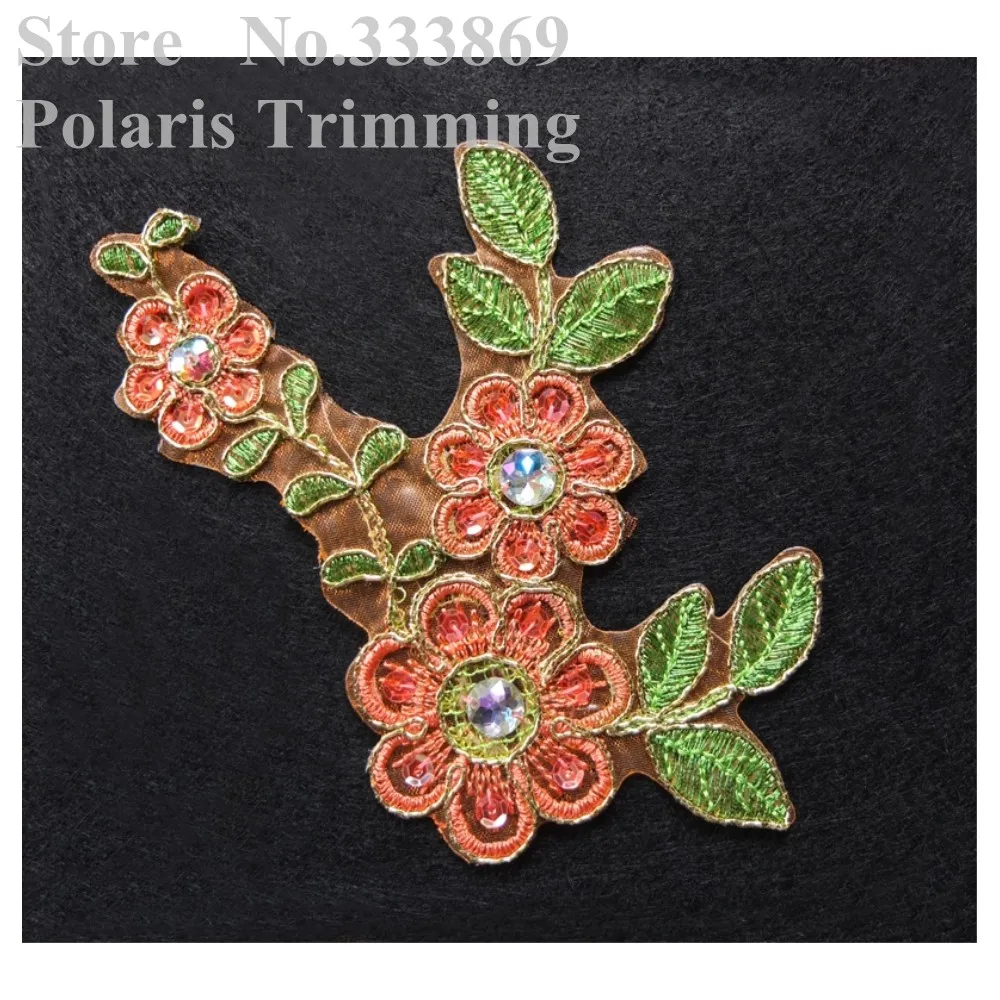 Бесплатная доставка 4 шт./лот x оранжевый/золотой цветок вышивка блесток бисером