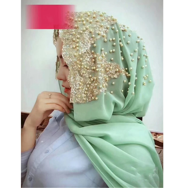 New high class collection beading Muslim women lace chiffon hijab long scarf head warp arab womens headwear #CJ899 | Тематическая
