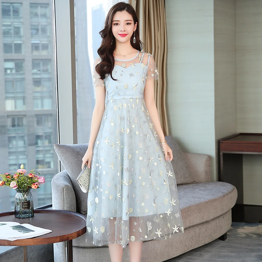 2019 Korean Vintage Boho Sundress Summer Plus Size Mesh Lace Dresses Elegant Women Bule Beach Midi Bodycon Short Sleeve Vestidos | Женская