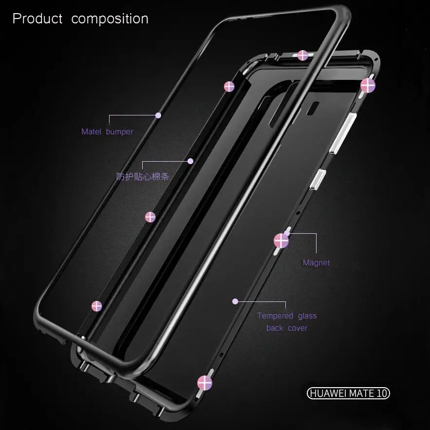 Magnetic Adsorption Case for Huawei P20 lite Mate 10 pro Magnet Metal Bumper Honor Tempered Glass case |