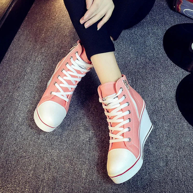 Женская парусиновая обувь на скрытом каблуке весенняя с высоким берцем женские