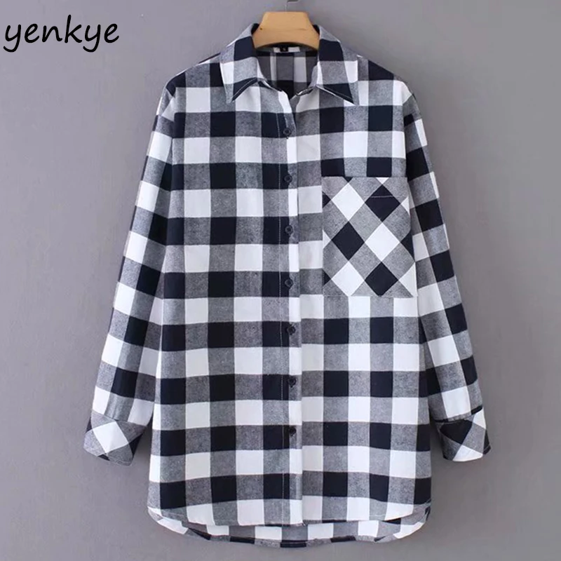 Винтаж негабаритных Рубашки в клетку длинная Для женщин блузка женская отложной