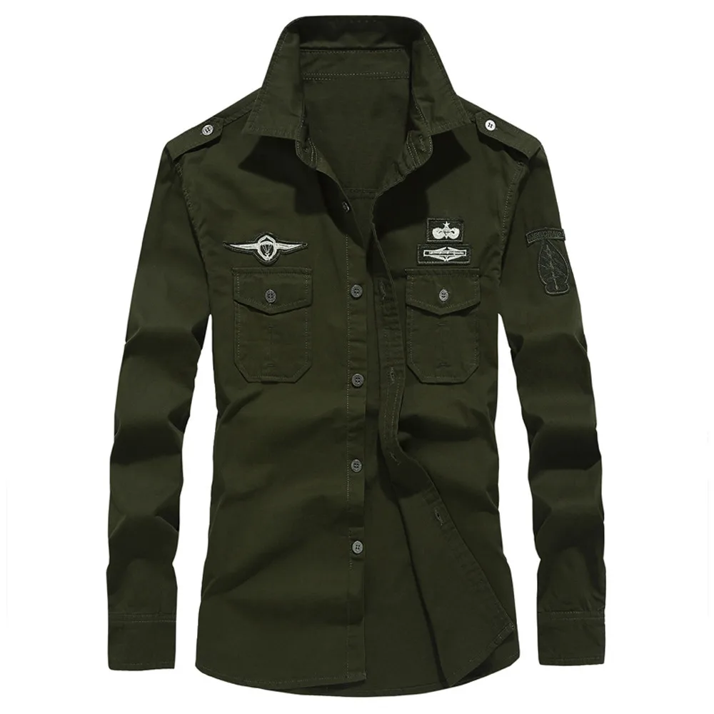 Army Green Мужские рубашки на осень и зиму, мужские рубашки на каждый день в стиле милитари, облегающие рубашки с длинным рукавом и пуговицами, Прямая поставка 0727 - Цвет: Army Green