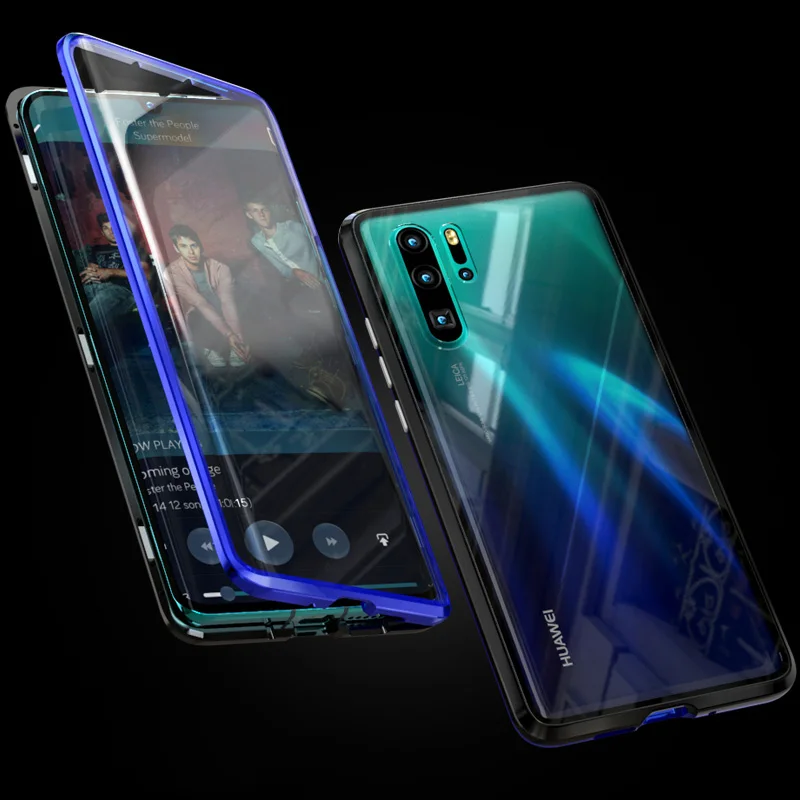 Гиперболоид, стеклянный чехол для huawei P30 Pro P20 mate, чехол, прозрачный, закаленное, полное тело, магнитный, алюминиевый, металлический чехол - Цвет: black blue