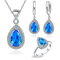 shining crystal jewelry set waterdrop cubic zirconia blue stone 925 sterling silver earrings necklaces finger rings us 6