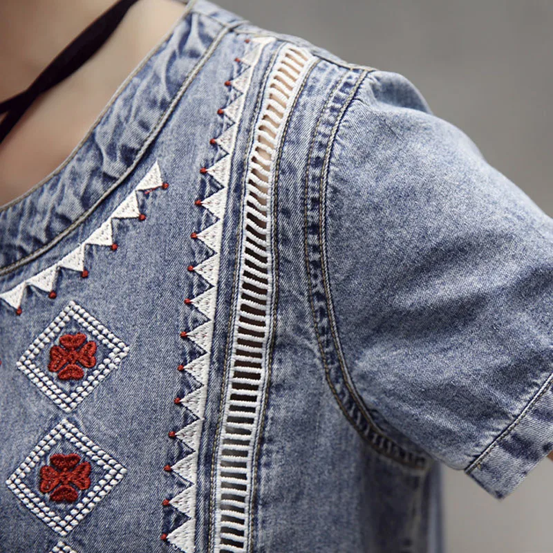 Лето 2017 г. Новый Для женщин мода ковбой платье и пуговицы с вышивкой талии лист