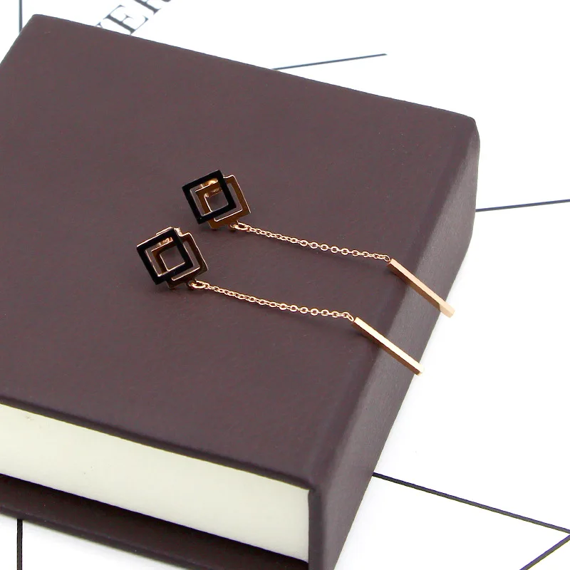 IP Rose Gold черный двойной box кисточкой невесты серьги. Boho из нержавеющей стали titanium