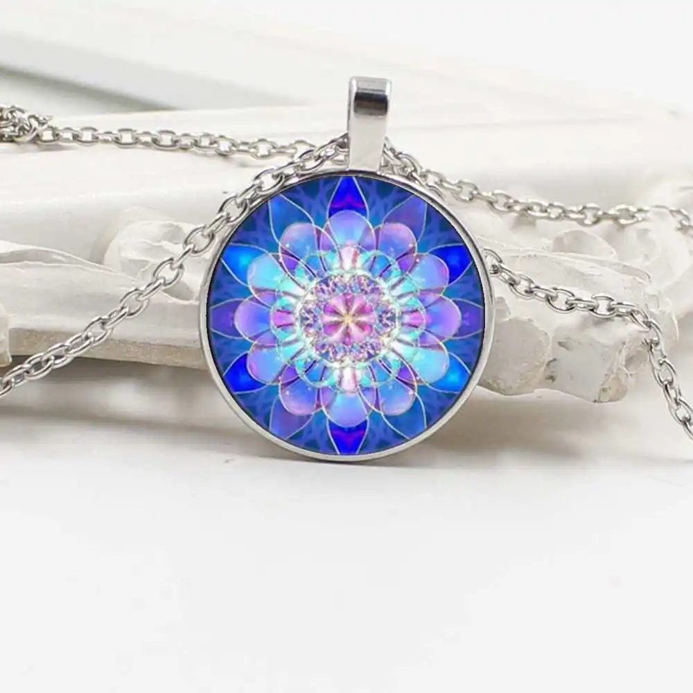 

Vintage blue mandala lotus necklaces & pendant henna yoga necklace dome glass handmade jewelry om symbol buddhism zen