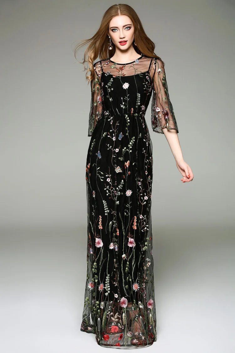 Женские длинные платья с круглым вырезом и вышивкой весна лето|fashion long dress|long