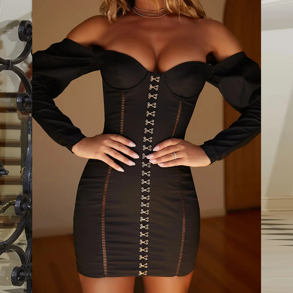 2020 Summer Sexy Strapless Women Party Dress Metal Breasted Backless Bodycon For Off Shoulder Dresses Vestidos | Женская одежда