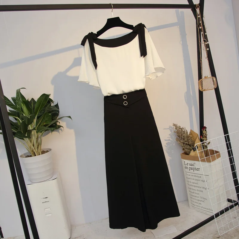 Корейская футболка большого размера Женские Широкие штаны комплект из двух