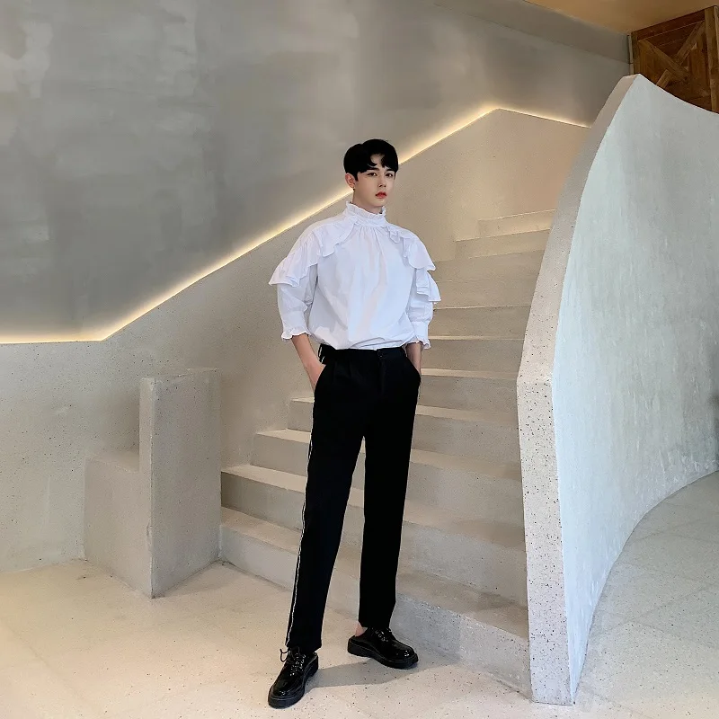 

Male Women Vintage Pullover Party Show Dress Shirts Men Front Back Wear Stand Collar Shawl Half Sleeve Loose Casual Shirts