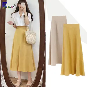 Юбка женская с завышенной талией, винтажная длинная юбка в Корейском стиле, в стиле преппи, с бантом, желтая, хаки, с лентой, 7512