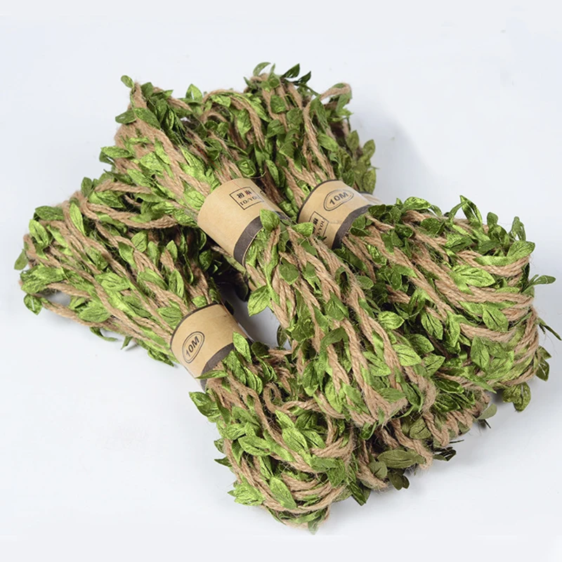 

10m/roll DIY Craft Artificial Leaves Twine Wax String With Leaf Silk Leaves Flowers Garlands Hemp Rope Wedding Party Decor