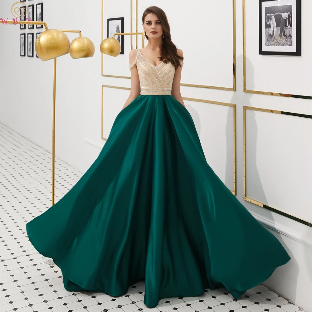 

Evening Dresses Long Formal Wear 2020 Women Prom Gowns Beading Crystal Champagne Green Satin A Line V Neck Backless Party Luxury