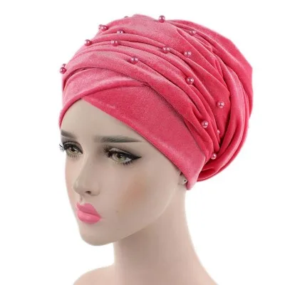 RUNMEIFA Дизайн мусульманский Skullies& Beanies бархатный шарф шапка для дам роскошный бренд жемчужный головной шарф африканская шапка - Цвет: J