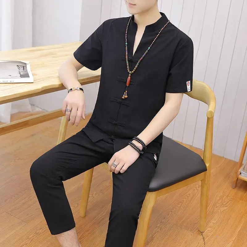 Loldeal Short-sleeved Shirt + Nine Pants Men's Suit V-neck Casual Shorts Summer Button Chinese Linen Harajuku | Мужская одежда