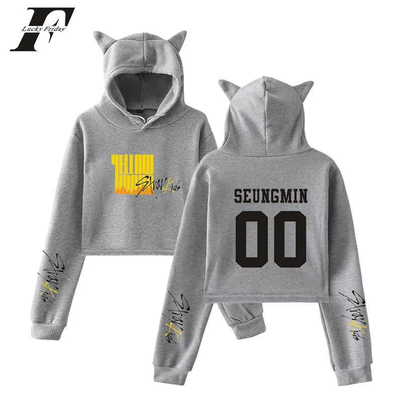 Kpop Stray Kids Cat Crop Top oversized hoodie sweatshirt Women Album Yellow Wood korean Hoodies Sweatshirts Sexy clothes | Женская